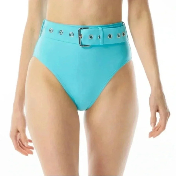 MICHAEL KORS Zip Front Bandeau Kyoto Stripe Turquoise Top and High Waist Bottom - Picture 4 of 10